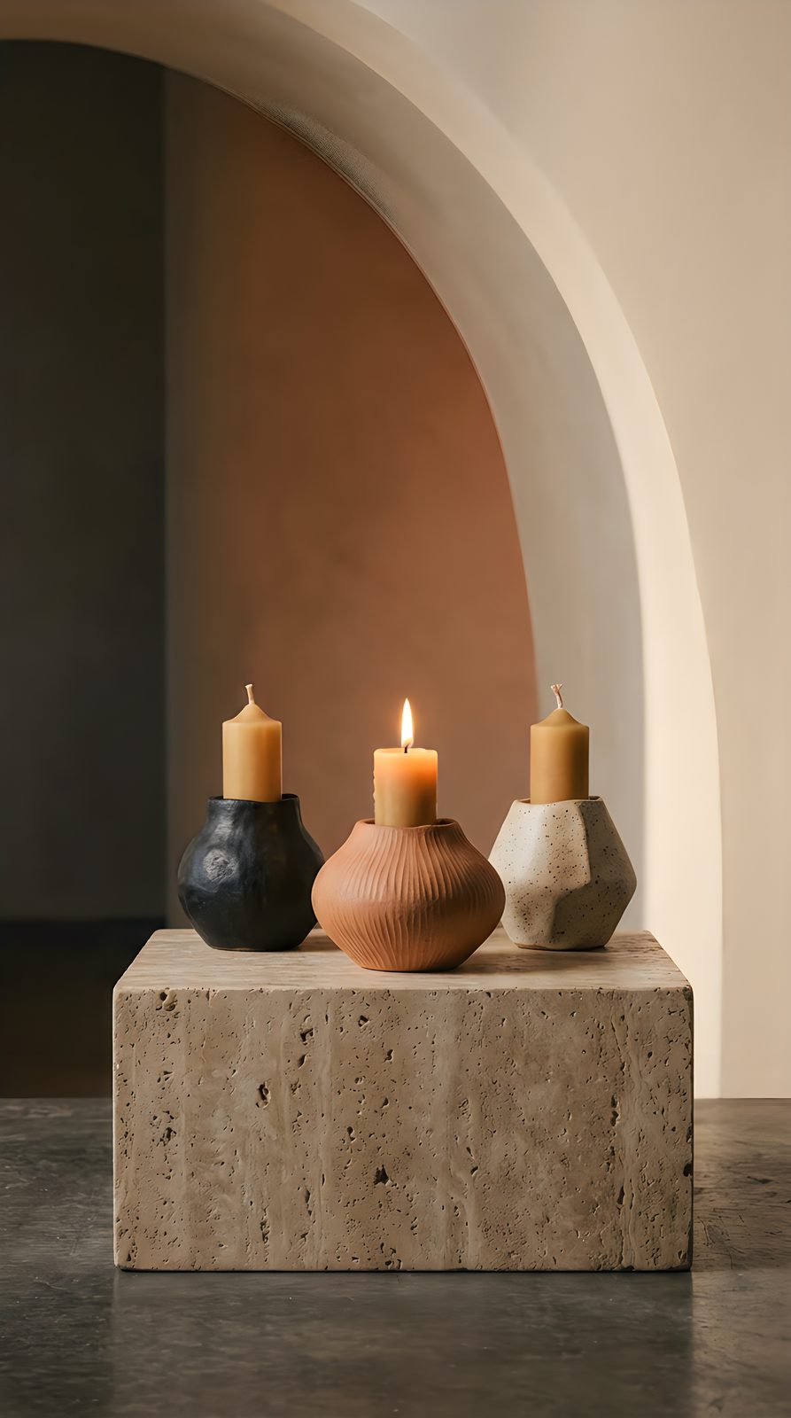 Three beeswax candles in handmade ceramic holders on a travertine block, one lit, under a plaster arch in warm light