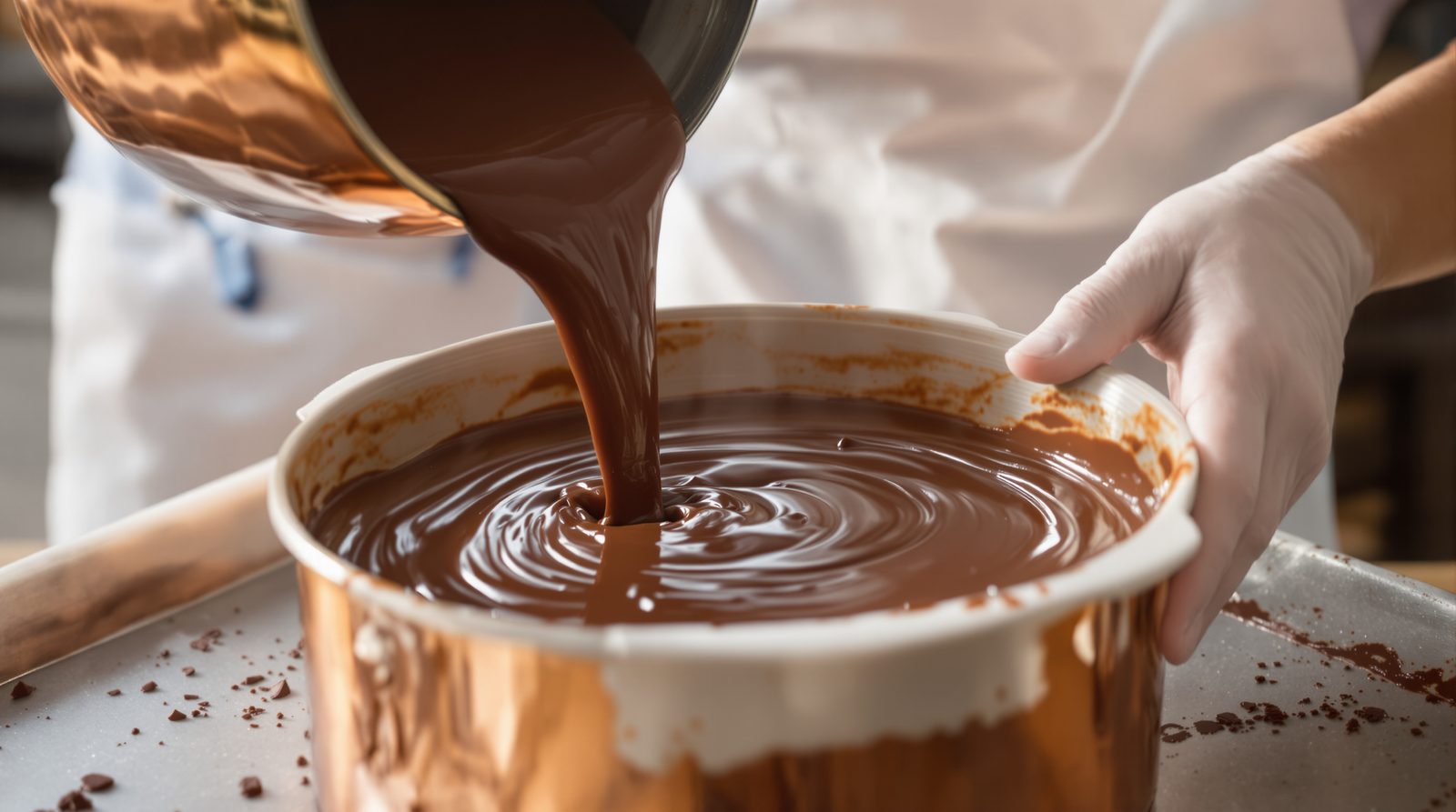 Melted chocolate poured from a copper pan into a steel bowl on a marble counter