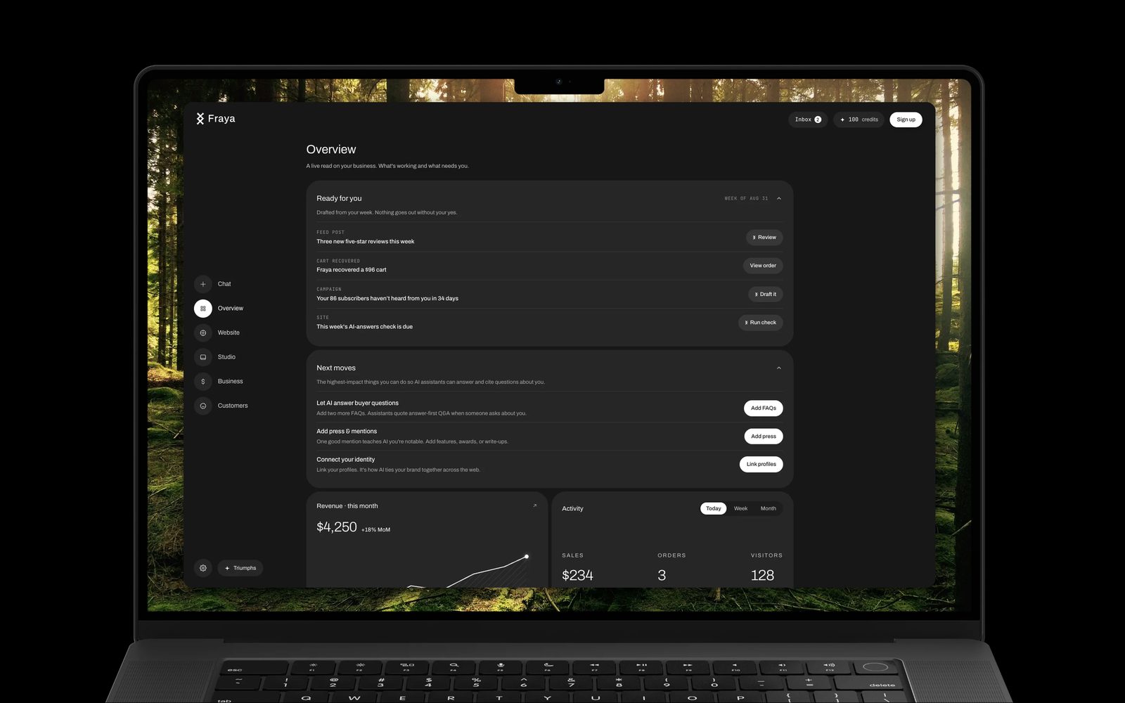 The Fraya console Overview on a MacBook: next moves, revenue, activity, and the AI-answers check on one screen