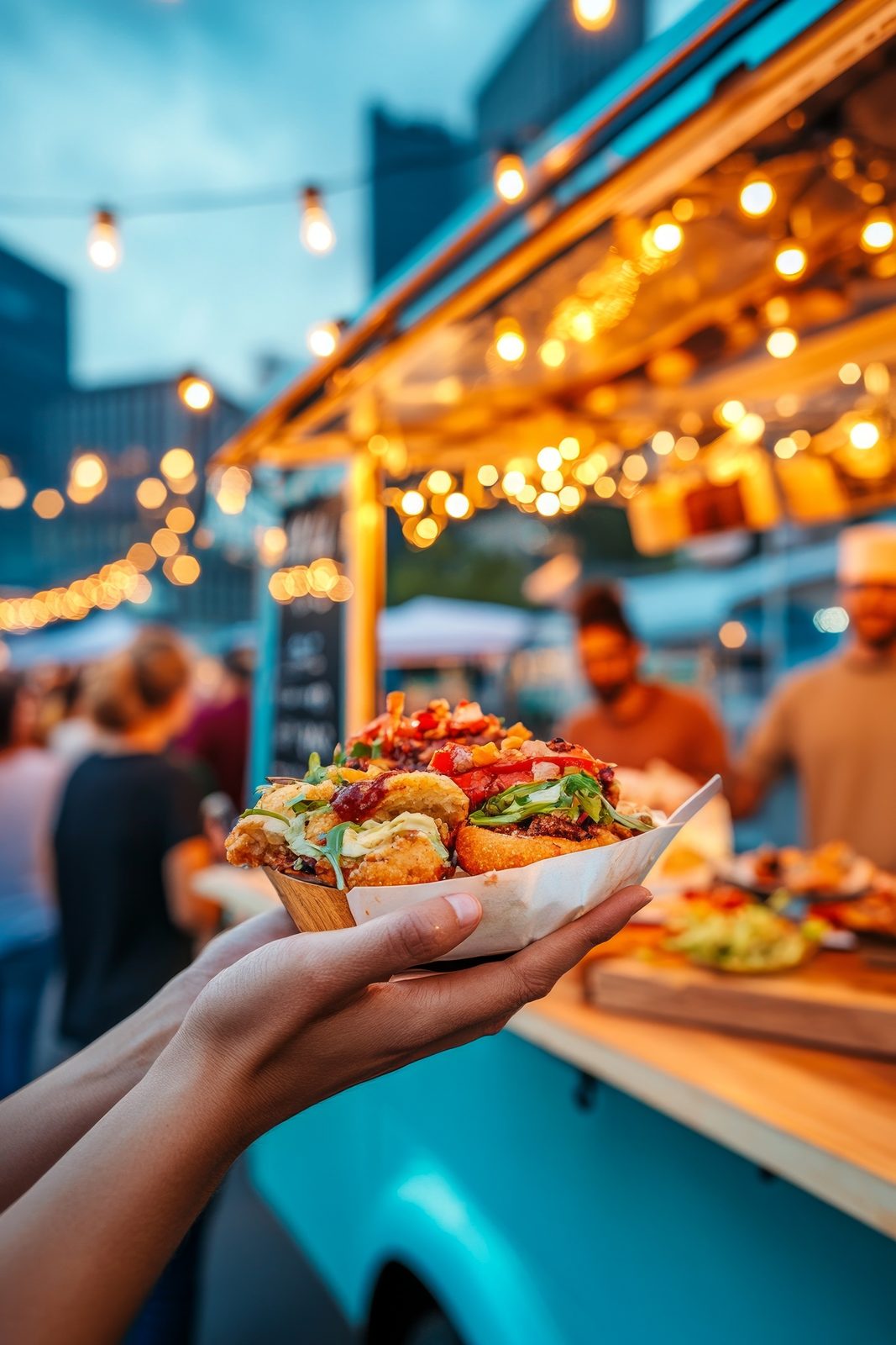 A hand holding a paper boat of loaded fried chicken bites in front of a teal food truck at dusk, string lights glowing and a crowd behind