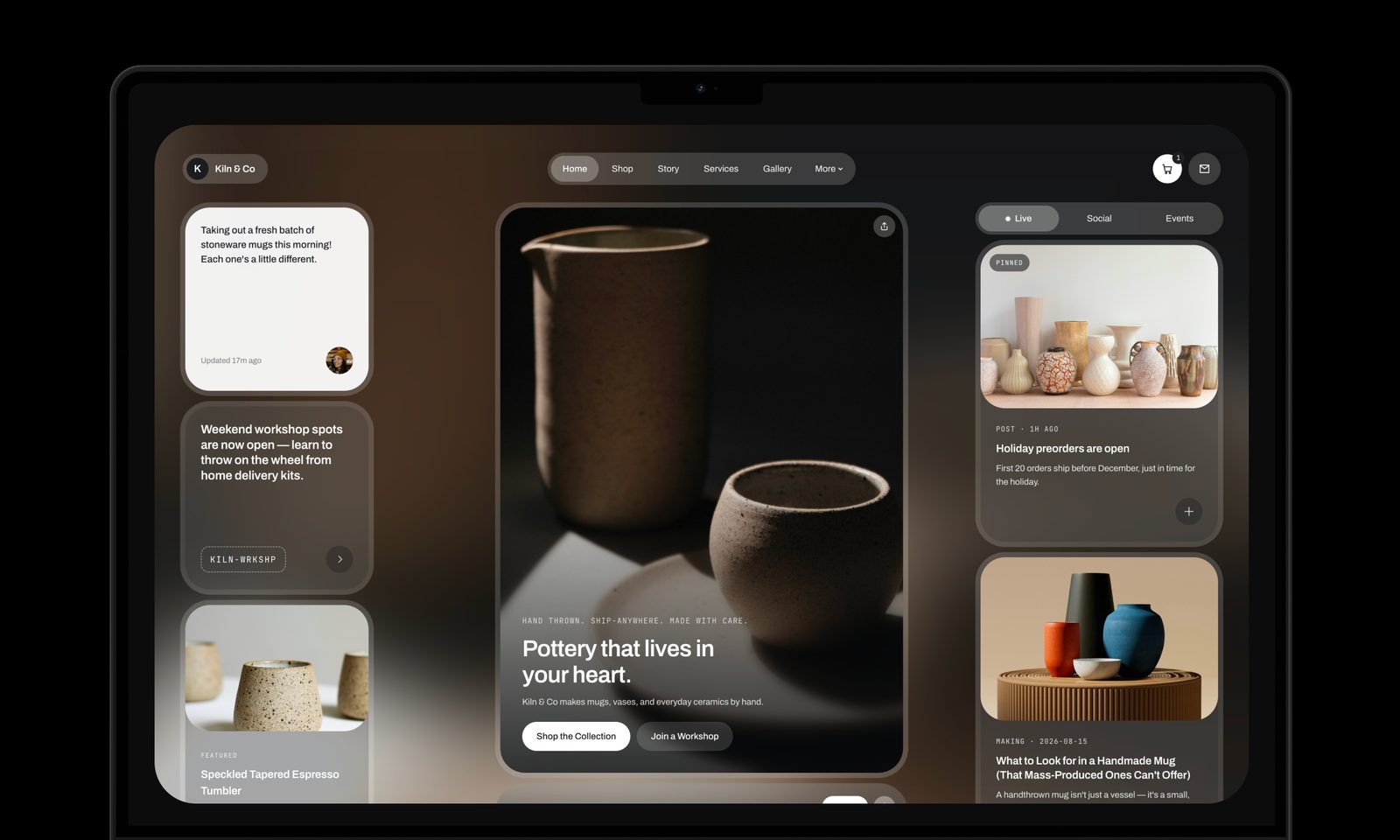 A ceramics studio’s living surface on a MacBook: the maker’s note, the hero, the featured piece, and the latest post in one screen