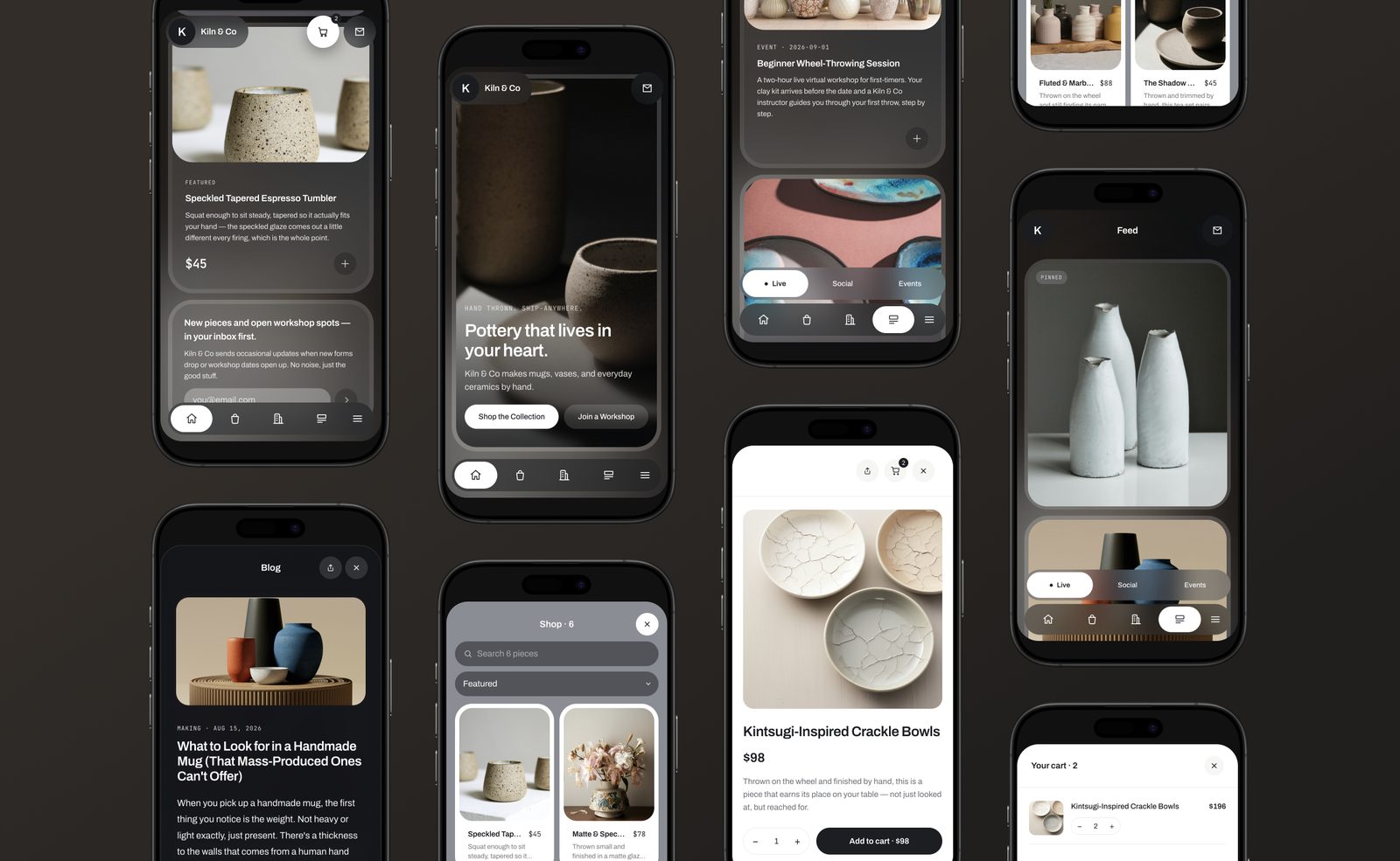 A Fraya-built ceramics site on eight phones: home, shop, a product, the blog, the feed, an event, and the cart