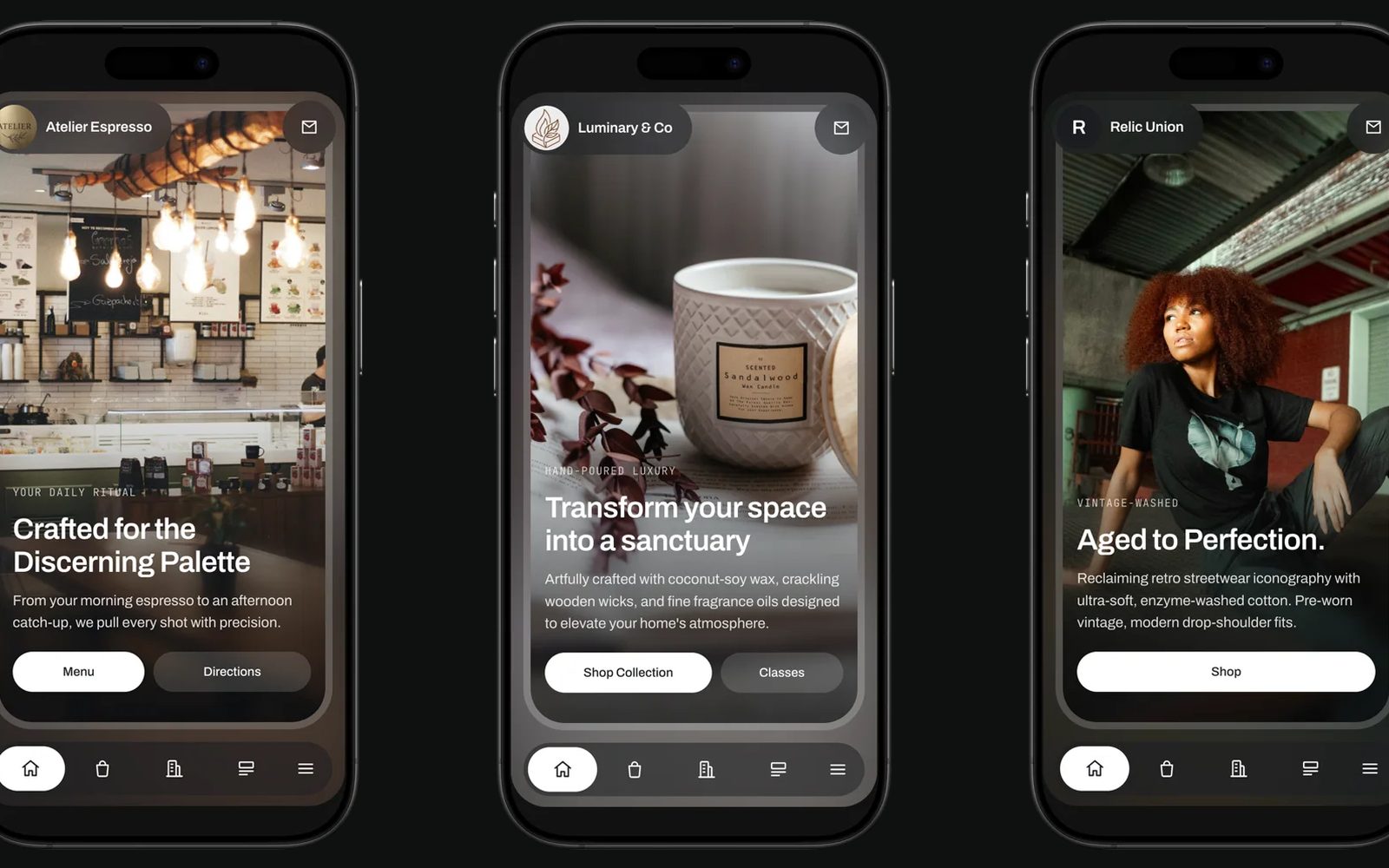 Three Fraya-built sites on phones: a coffee bar, a candle maker, and a streetwear label