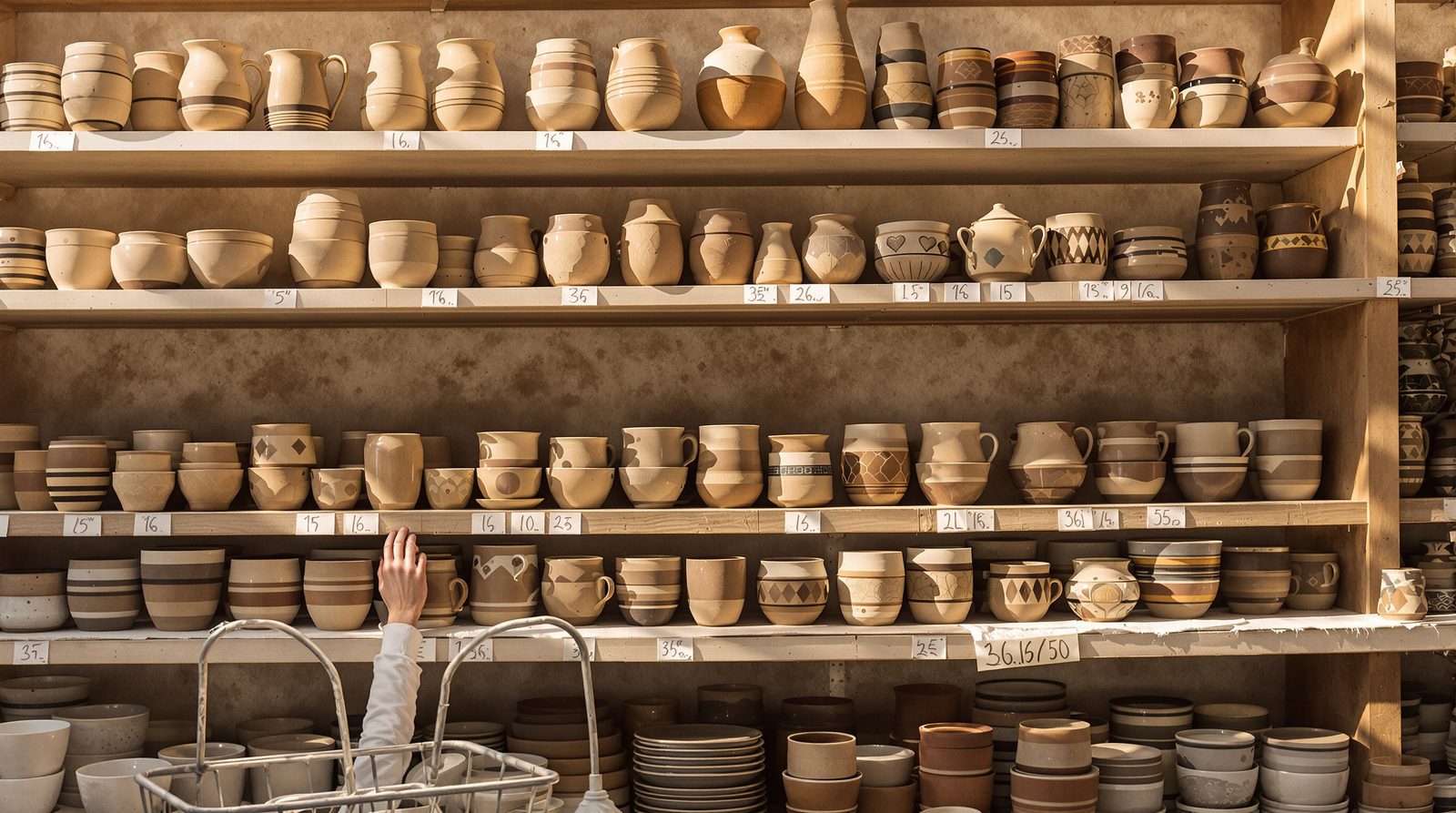 The interior of a warm ceramic kiln glimpsed through a cracked lid, finished glazed pieces cooling on the shelves.